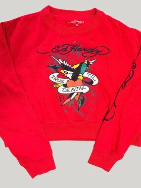 Ed Hardy Cropped Red Sweatshirt Size XL | Y2K True Til' Death Tattoo Graphic